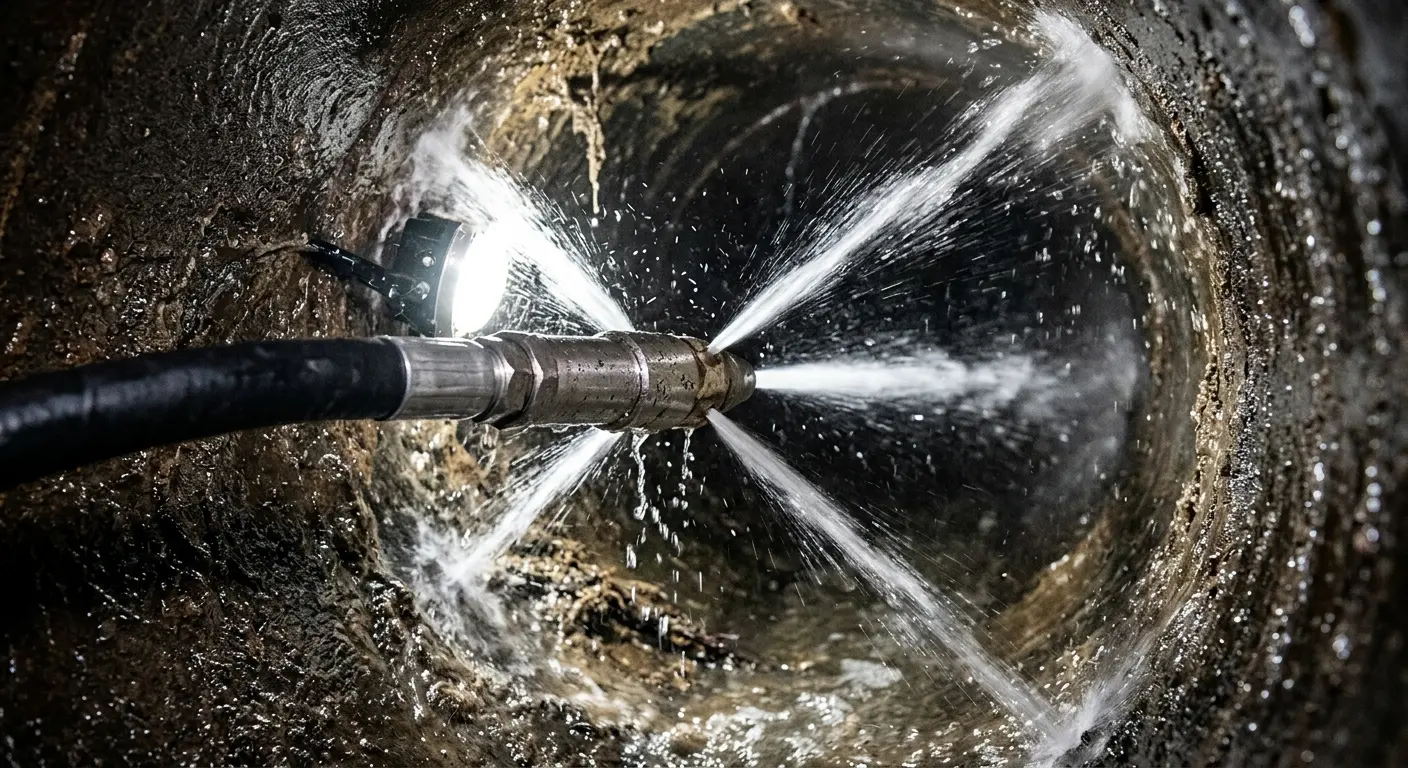 High-pressure hydro jetting nozzle cleaning sewer pipe for Sewer Cleanout in Burnsville