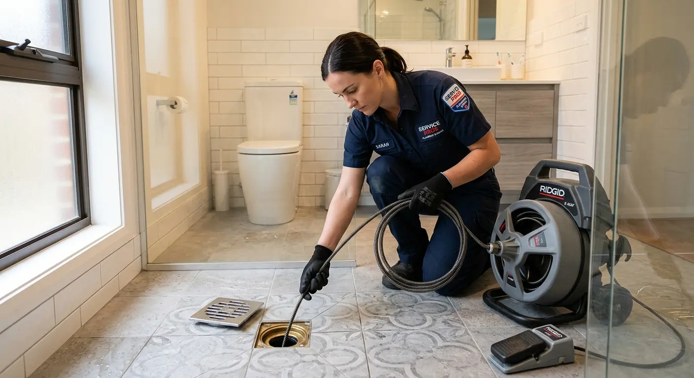 Technician clearing a bathroom floor drain for Drain Cleaning in Burnsville